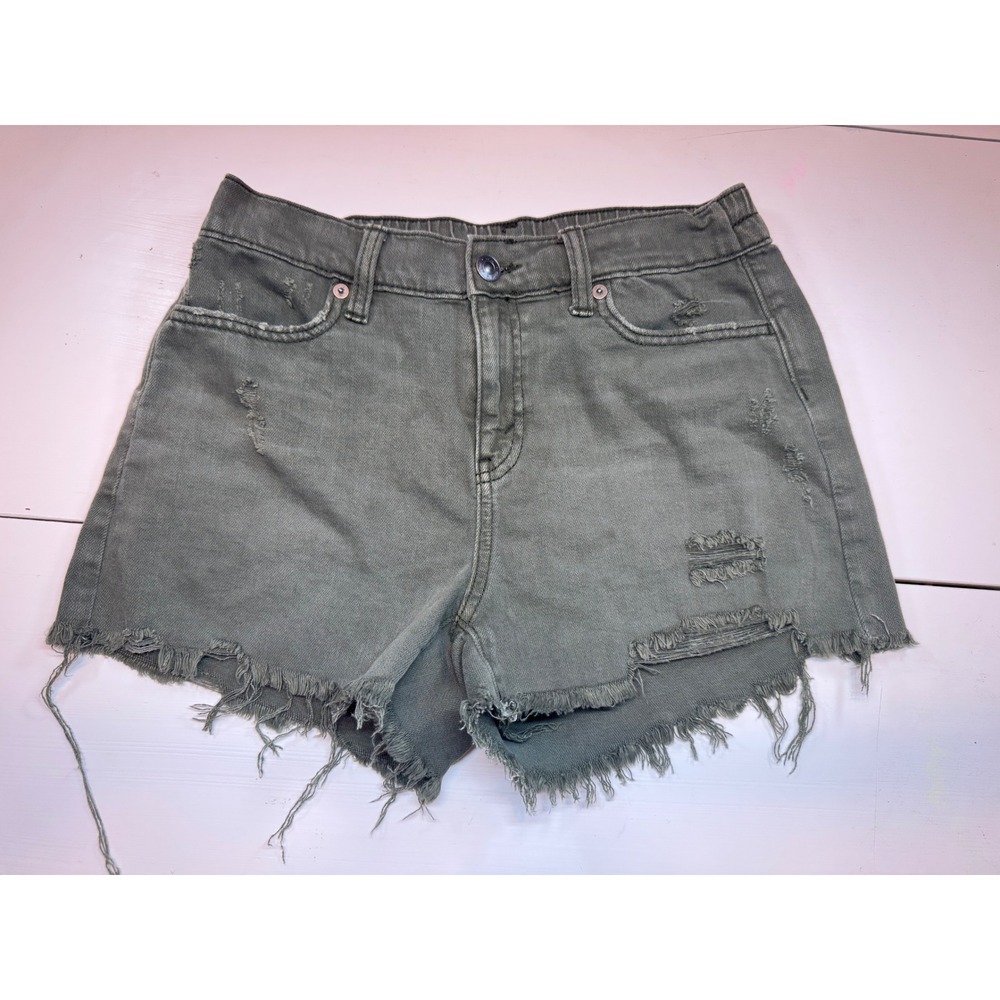Aerie Olive Green Distressed Denim Shorts Elastic Waist XS